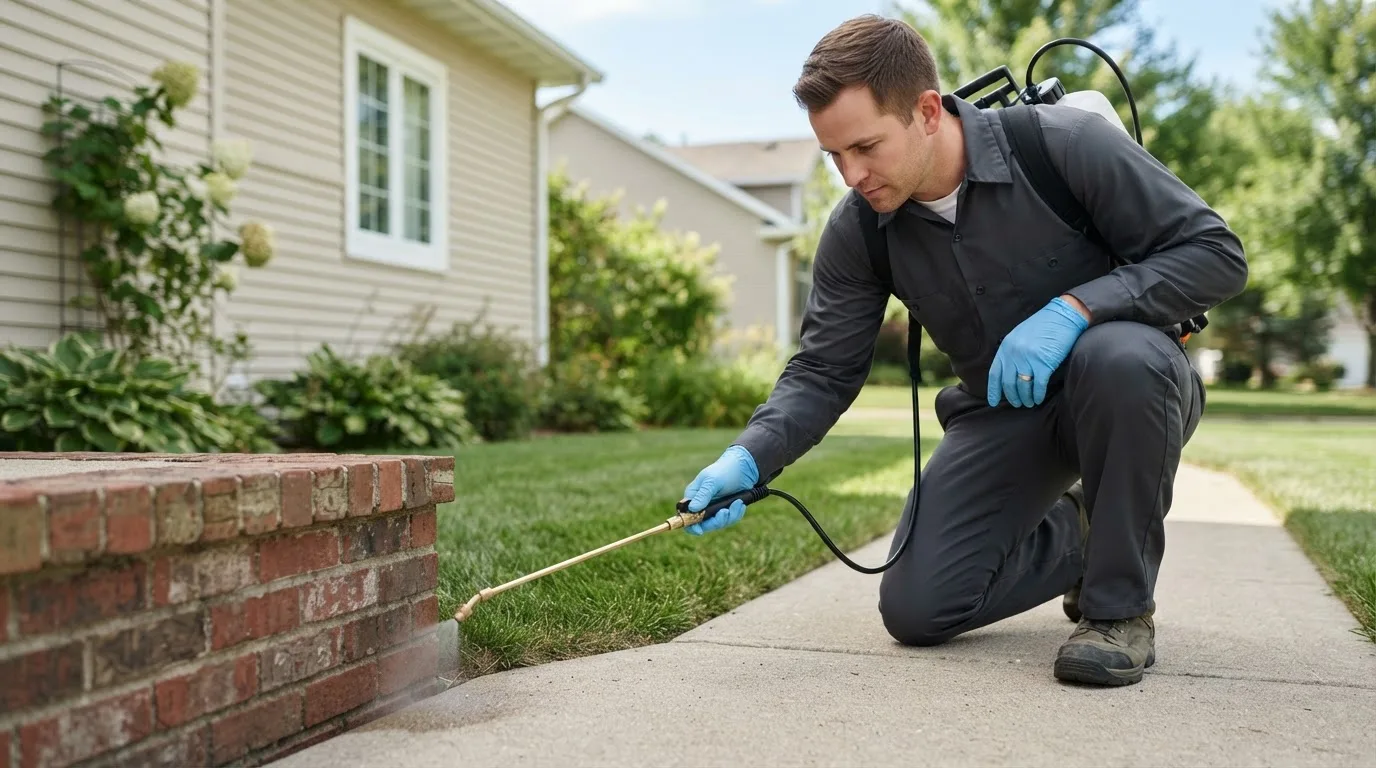Pest control technician treating a home near Welch, TX